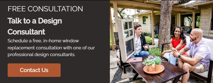 The image shows a consultant talking with two clients on a patio.