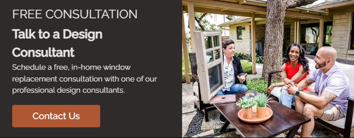 A website banner features a photo of a window design consultation; "FREE CONSULTATION Talk to a Design Consultant Schedule a free, in-home window replacement consultation with one of our professional design consultants. Contact Us" 