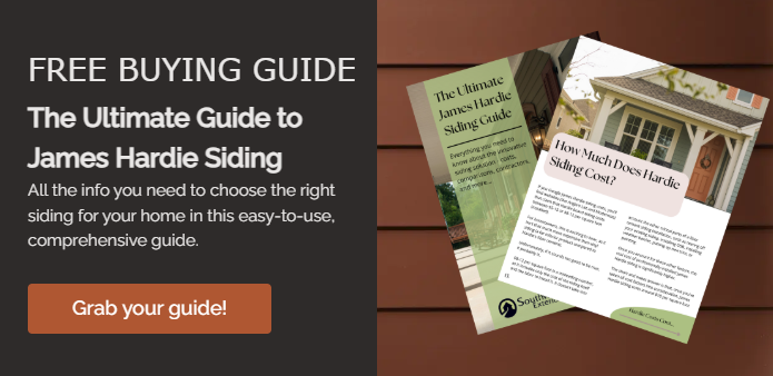 A website banner shows a James Hardie siding buying guide with the text "Free Buying Guide - The Ultimate Guide to James Hardie Siding", and a "Grab your guide!" button.