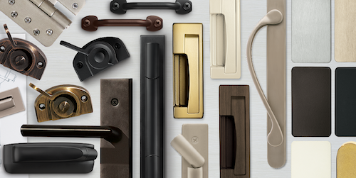 A collage of window and door hardware in different styles with different finishes like brushed bronze, black, silver, and gold.