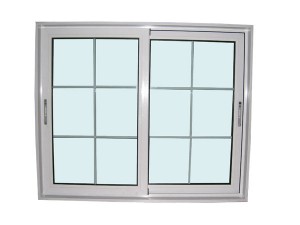 An image displays a white, dual-pane, sliding window.