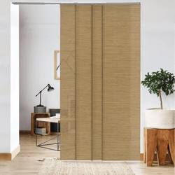 Light brown sliding panel window coverings on a sliding glass door.