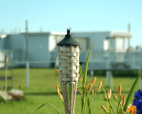 A tiki torch unlit with a beach house in the background.