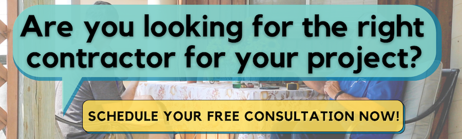 Text over a blue chat bubble that reads "are you looking for the right contractor for your project? Schedule your free consultation now!" with a Southwest Exteriors project manager sitting on a front porch talking with clients.