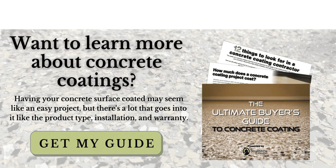 A button with a colored concrete coating background that says "want to learn more about concrete coatings? Having your concrete surface coated may seem like an easy project, but there's a lot that goes into it like the product type, installation, and warranty. Get my guide" and a preview of the guide.