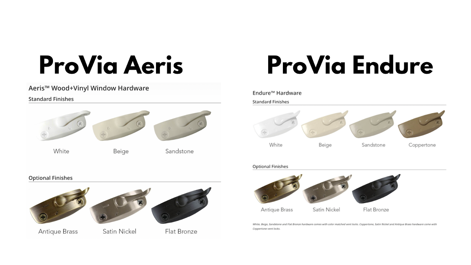 The words "ProVia Aeris" and "ProVia Endure" with several different window hardware shapes and the different finishes with their names underneath them. 