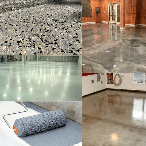 A collage of five different images of different concrete coating types like polyurea chip, metallic epoxy, polyurethane, acrylic, and paint.