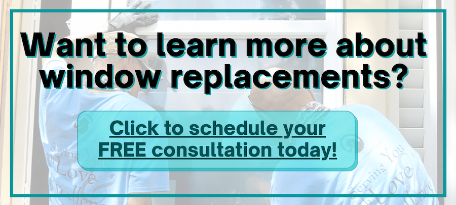 A button that reads "want to learn more about window replacements?" with a highlighted blue button underneath that reads "click to schedule your free consultation today!"