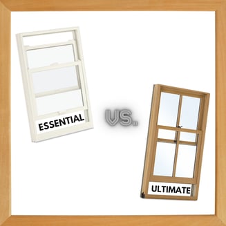 A graphic of two double hung windows, one white and one wood, with the words "essential" and "ultimate" on the window glass and a 'vs.' in between them. There is a wood frame border around the image.