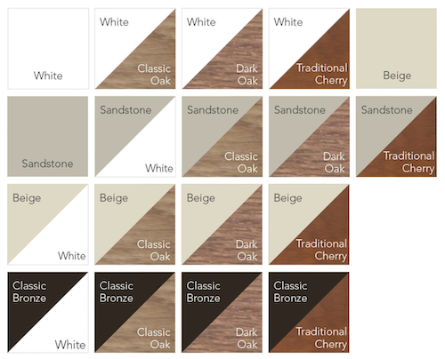 A diagram of squares with the different finishes of the ProVia Endure window interior and exterior.