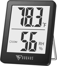 A digital thermometer that reads temperature and humidity levels. 