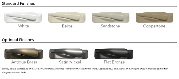 Seven casement window locks in different finishes: white, beige, sandstone, coppertone, antique brass, satin nickel, and flat bronze.