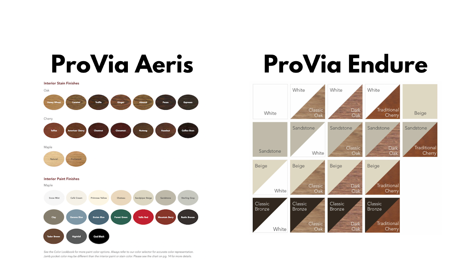 The words "ProVia Aeris" and "ProVia Endure" against a white background with graphics underneath them with numerous color circles and squares for the window finish options.