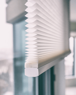 White cellular honeycomb shades.