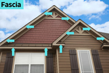 The top half of a home with blue arrows pointing to the fascia of the roofline. 