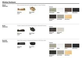 A screenshot from a Pella pamphlet that shows their lock types for windows and several different finishes for the window hardware.