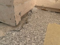 A close up of an old garage floor coating that has vinyl chips light grey colors and is peeling up around the walls. 