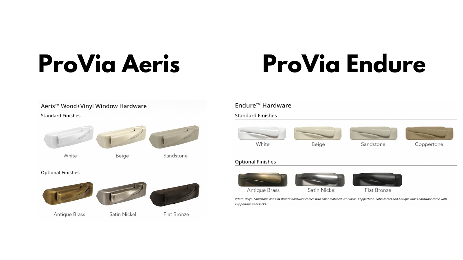 The words "ProVia Aeris" and "ProVia Endure" with several different window hardware shapes and the different finishes with their names underneath them. 