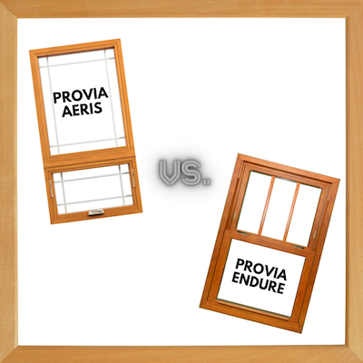 A graphic with two windows that look like light wood on opposite corners of each other with the words "ProVia Aeris" and "ProVia Endure" inside the windows with a vs. in between them and a window frame border around the white background.